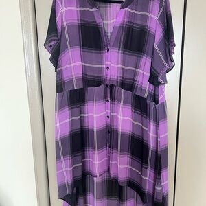 Addition Elle Purple and Black Plaid High-Low Dress